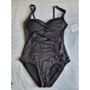 Liz Claiborne Bathing Swim Suit Womens 6 Black Ruched One Piece NWT Tags Slims